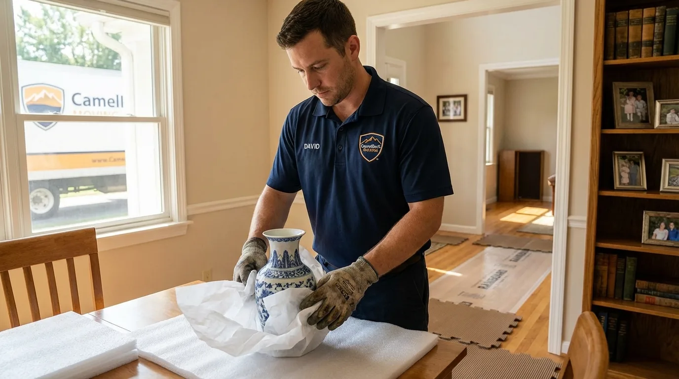 Professional crew carefully wrapping antique vase for senior downsizing move in Summerville, SC